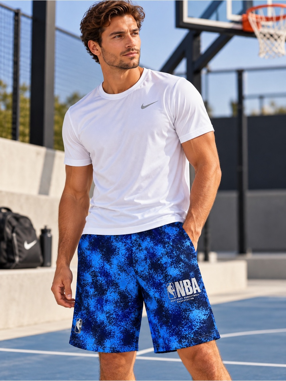 NBA Basketball Shorts Men’s Medium Blue Digital Camo 100% Polyester Athletic